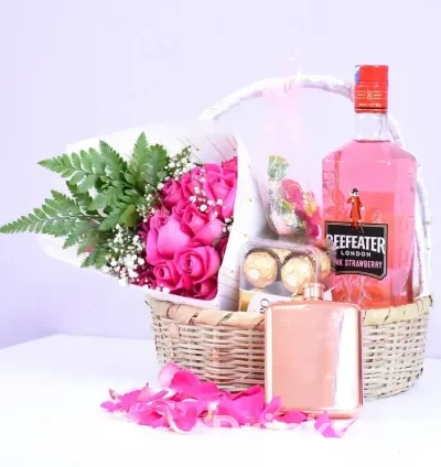 Beefeater Pink Gin and Pink Flower Basket