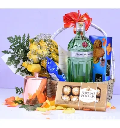 Tanqueray Gin & Yellow Roses Gift Basket